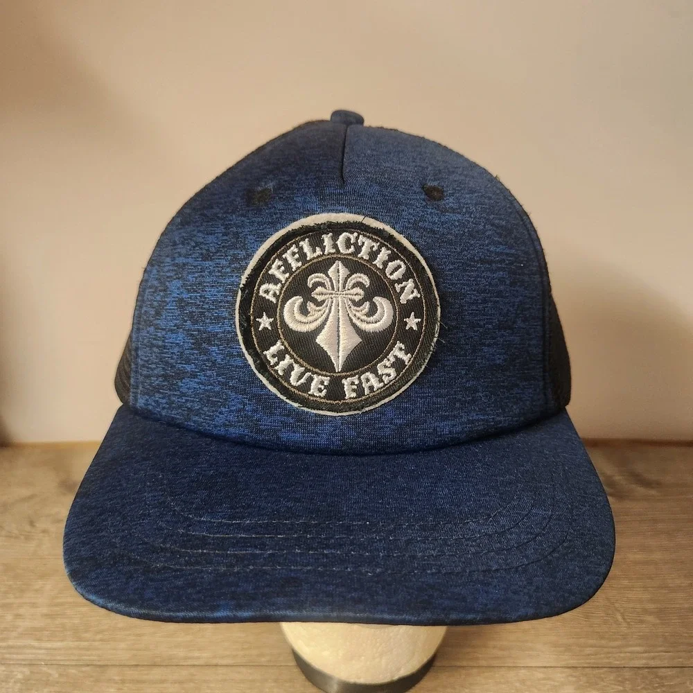 Affliction Live Fast Blue Black Sewn Logo Trucker Adjustable Hat Cap One Size